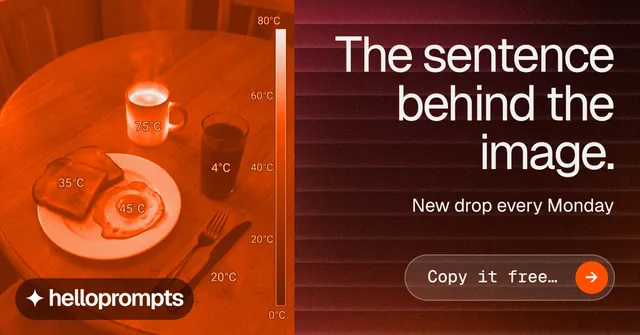 Social ad for HelloPrompts: "The sentence behind the image." Agentic glass style, right layout, dark palette in red, orange.
