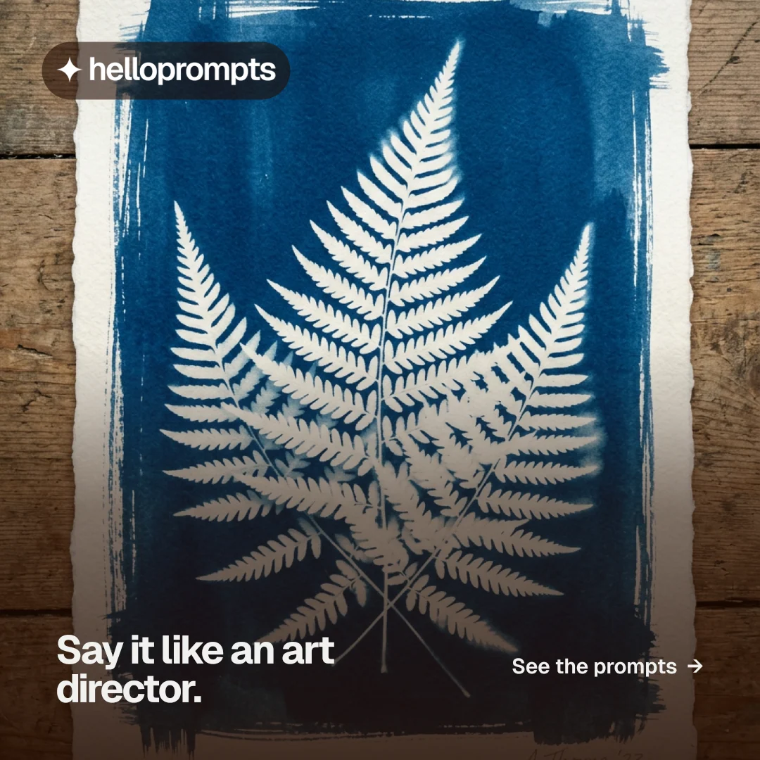 Instagram post for HelloPrompts: "Say it like an art director." Swiss style, image led layout, dark palette in black, blue, grey.
