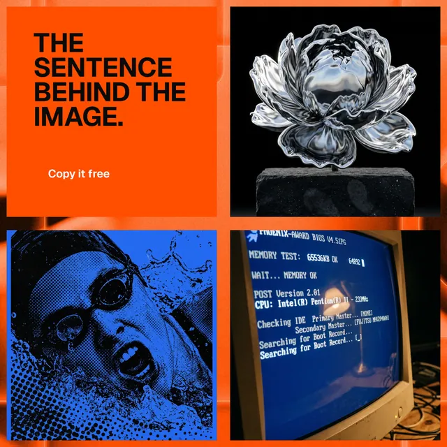 Instagram post for HelloPrompts: "The sentence behind the image." Swiss style, collage layout, dark palette in orange, blue, black.