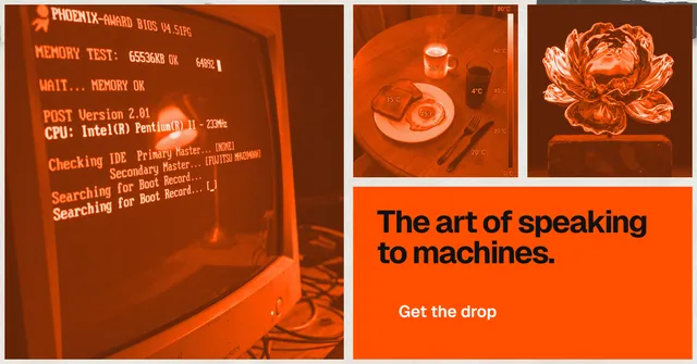 Social ad for HelloPrompts: "The art of speaking to machines." Swiss style, collage layout, dark palette in orange.