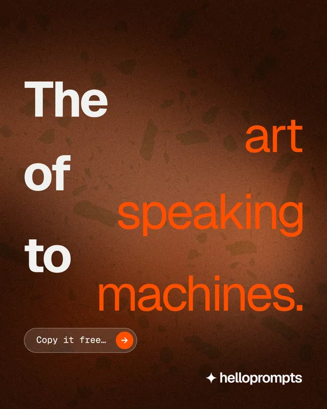Instagram portrait post for HelloPrompts: "The art of speaking to machines." Agentic glass style, stacked layout, dark palette in black, brown, orange.