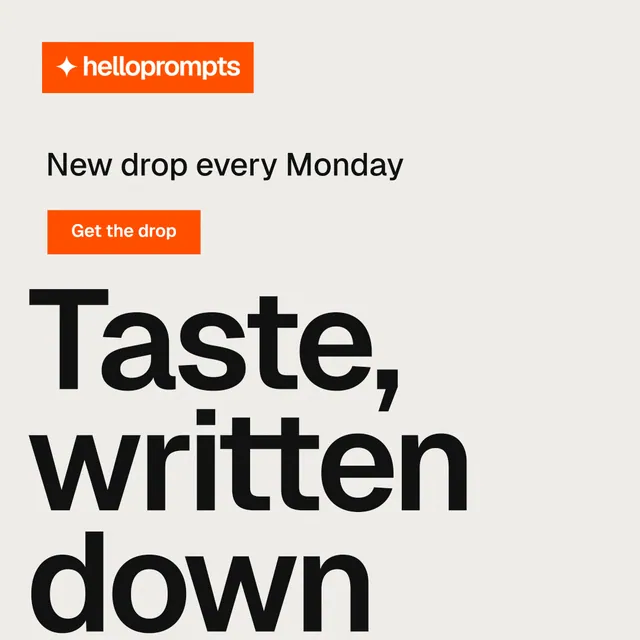 Instagram post for HelloPrompts: "Taste, written down." Swiss style, oversized layout, light palette in white, orange.