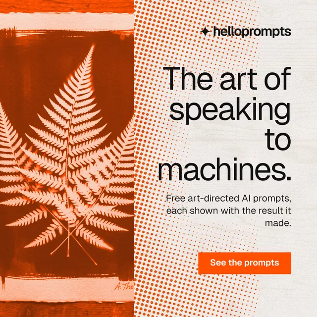 Instagram post for HelloPrompts: "The art of speaking to machines." Retro print style, right layout, light palette in orange.