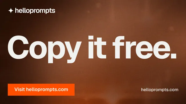 Landscape graphic for HelloPrompts: "Copy it free." Swiss style, poster layout, dark palette in orange, brown.