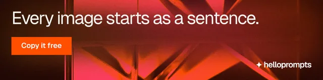 LinkedIn banner for HelloPrompts: "Every image starts as a sentence." Swiss style, skeleton layout, dark palette in red.