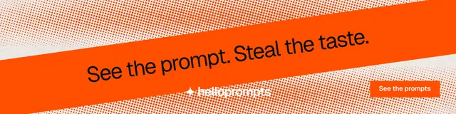 LinkedIn banner for HelloPrompts: "See the prompt. Steal the taste." Swiss style, diagonal layout, light palette in orange.