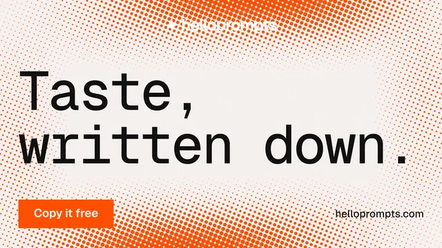 Landscape graphic for HelloPrompts: "Taste, written down." Swiss style, poster layout, light palette in white, orange.