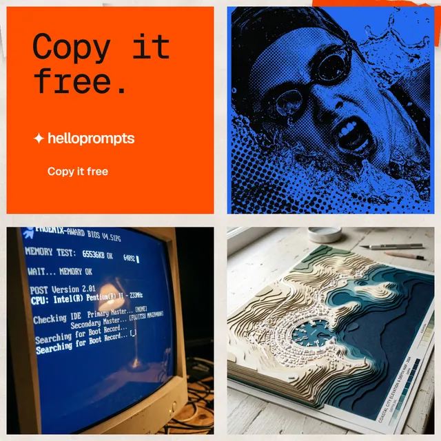 Instagram post for HelloPrompts: "Copy it free." Swiss style, collage layout, dark palette in blue, red, orange.