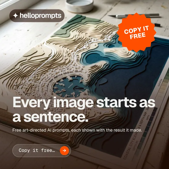 Instagram post for HelloPrompts: "Every image starts as a sentence." Agentic glass style, sticker layout, dark palette in black, orange, grey.