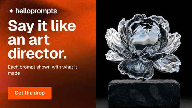 Landscape graphic for HelloPrompts: "Say it like an art director." Swiss style, bottom layout, dark palette in black, red, orange.