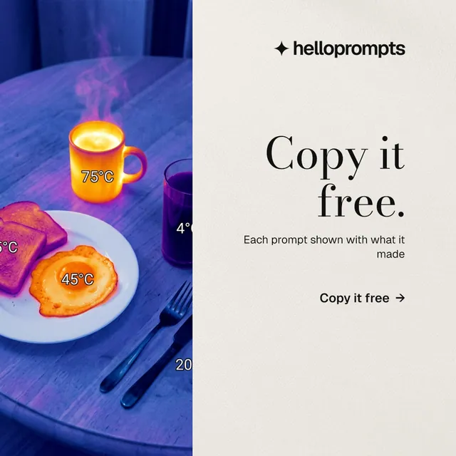 Instagram post for HelloPrompts: "Copy it free." Minimal luxury style, right layout, light palette in yellow, blue, grey.