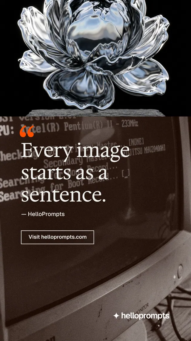 Instagram story for HelloPrompts: "The art of speaking to machines." Editorial style, quote layout, dark palette in orange, grey, black.