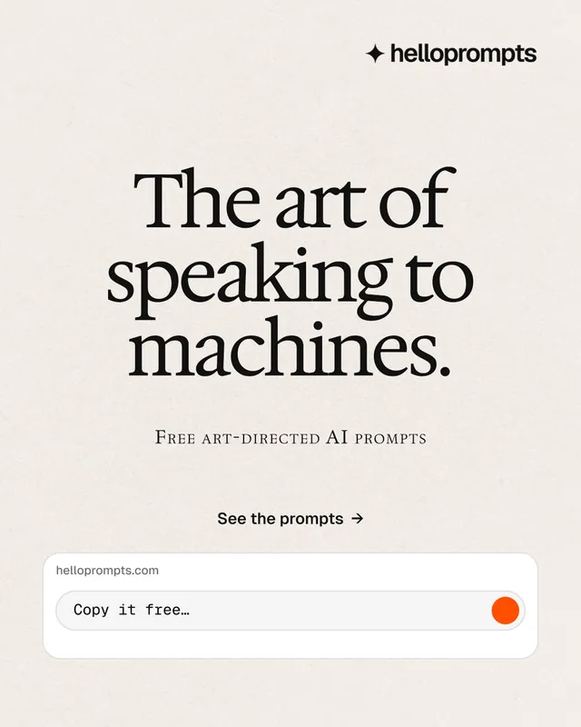 Instagram portrait post for HelloPrompts: "The art of speaking to machines." Swiss style, smallcaps layout, light palette in white, grey.