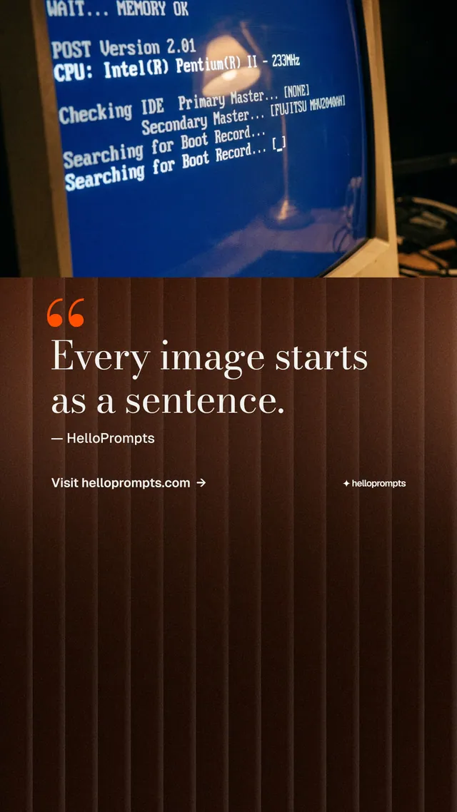 Instagram story for HelloPrompts: "Every image starts as a sentence." Minimal luxury style, quote layout, dark palette in black, grey.
