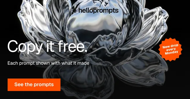 Social ad for HelloPrompts: "Copy it free." Swiss style, sticker layout, dark palette in orange, grey, black.