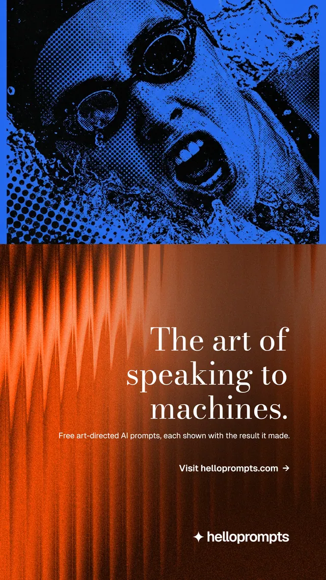 Instagram story for HelloPrompts: "The art of speaking to machines." Minimal luxury style, right layout, dark palette in orange, blue, red.