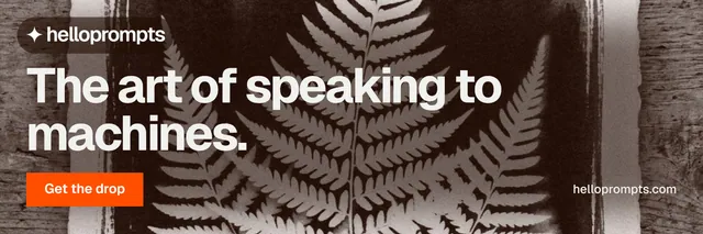 X header for HelloPrompts: "The art of speaking to machines." Swiss style, poster layout, dark palette in orange, black, grey.
