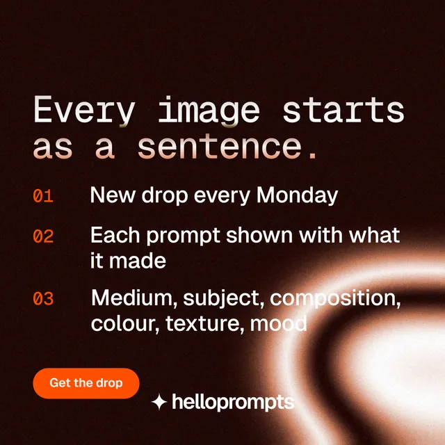 Instagram post for HelloPrompts: "Every image starts as a sentence." Y2K style, numbered layout, dark palette in black, red, orange.