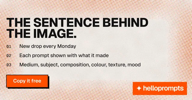 Social ad for HelloPrompts: "The sentence behind the image." Brutalist style, numbered layout, light palette in orange.