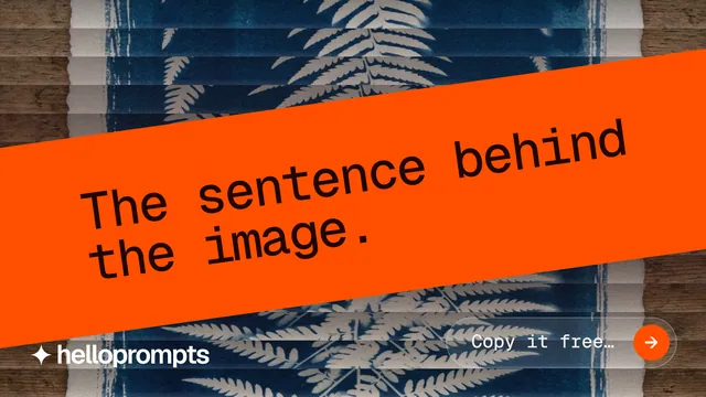 Landscape graphic for HelloPrompts: "The sentence behind the image." Agentic glass style, diagonal layout, dark palette in orange, blue.