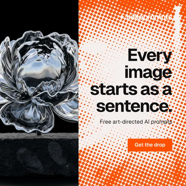 Instagram post for HelloPrompts: "Every image starts as a sentence." Swiss style, right layout, light palette in black, orange, white.