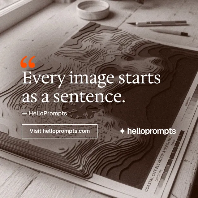 Instagram post for HelloPrompts: "Every image starts as a sentence." Editorial style, quote layout, light palette in grey, orange.