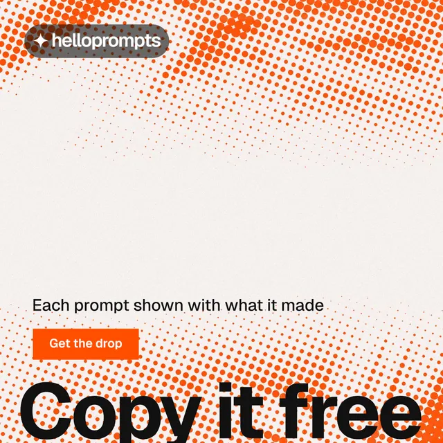 Instagram post for HelloPrompts: "Copy it free." Swiss style, oversized layout, light palette in white, orange.