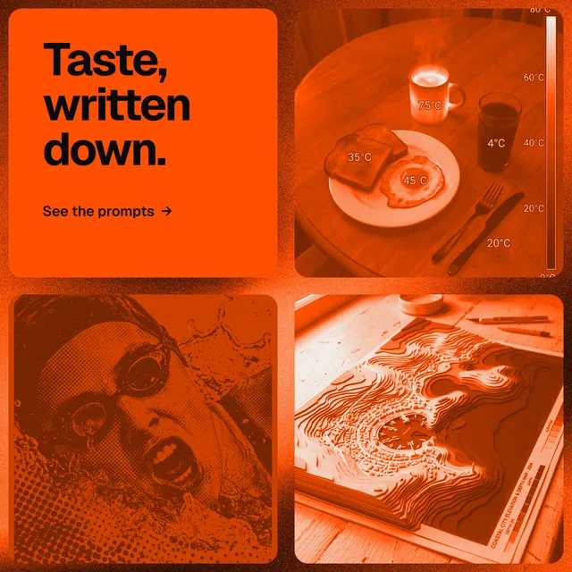 Instagram post for HelloPrompts: "Taste, written down." Agentic glass style, collage layout, dark palette in orange.