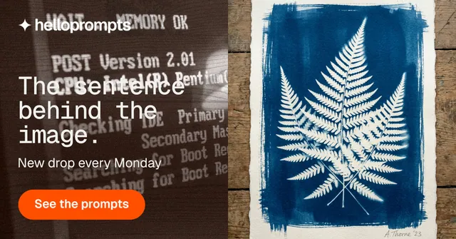 Social ad for HelloPrompts: "The sentence behind the image." Photo poster style, bottom layout, dark palette in orange, grey, blue.