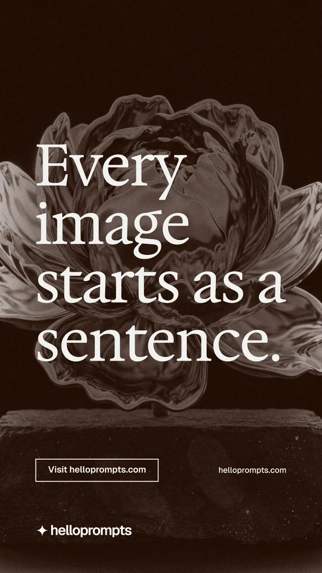 Instagram story for HelloPrompts: "Every image starts as a sentence." Editorial style, poster layout, dark palette in orange, black, grey.