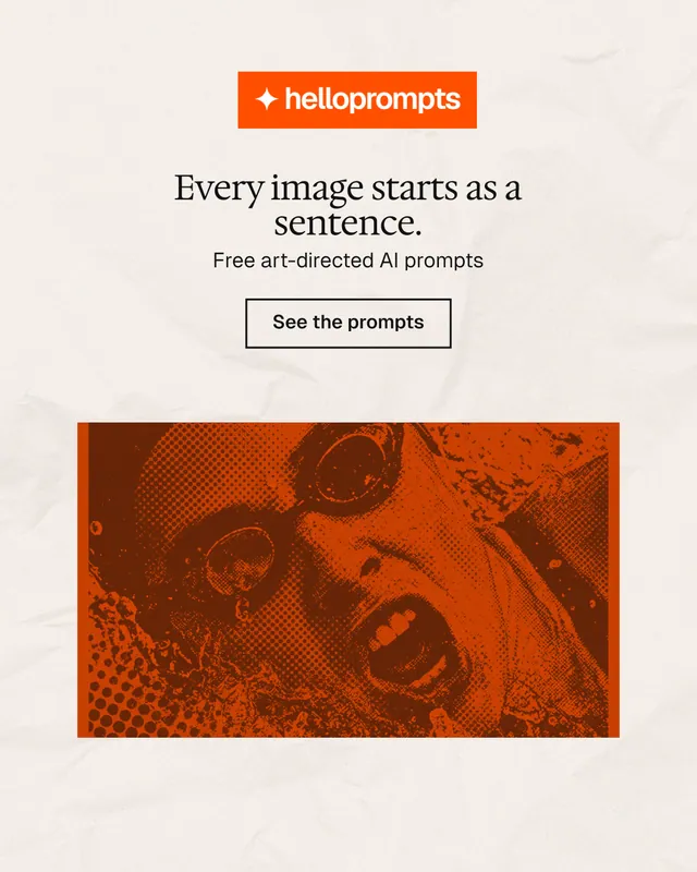 Instagram portrait post for HelloPrompts: "Every image starts as a sentence." Editorial style, centred layout, light palette in orange, white.