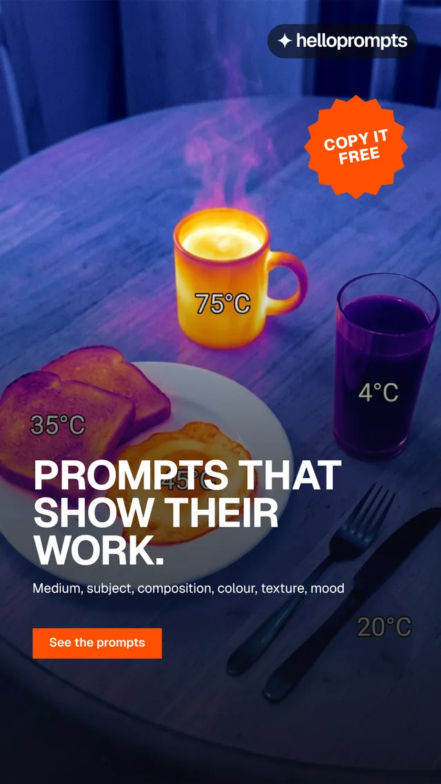 Instagram story for HelloPrompts: "Prompts that show their work." Swiss style, sticker layout, dark palette in blue, purple, orange.
