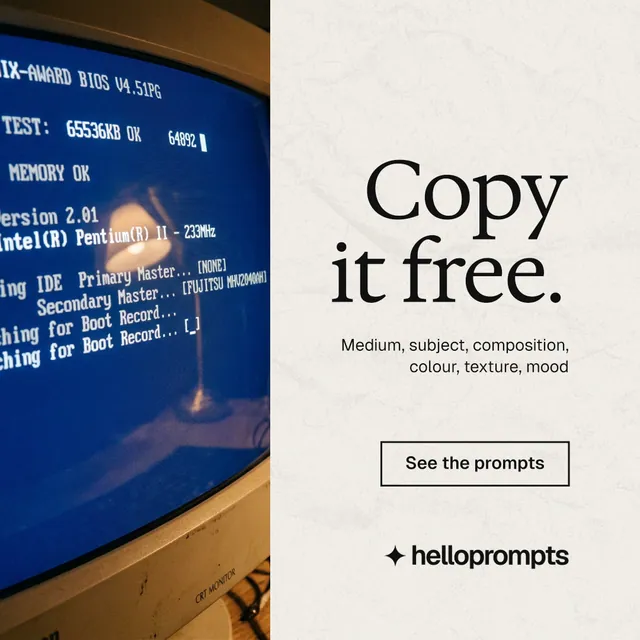 Instagram post for HelloPrompts: "Copy it free." Editorial style, right layout, light palette in blue, yellow, grey.