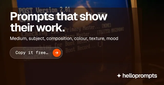 Social ad for HelloPrompts: "Prompts that show their work." Agentic glass style, skeleton layout, dark palette in black, grey.