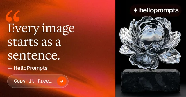 Social ad for HelloPrompts: "Copy it free." Agentic glass style, quote layout, dark palette in red, black, grey.