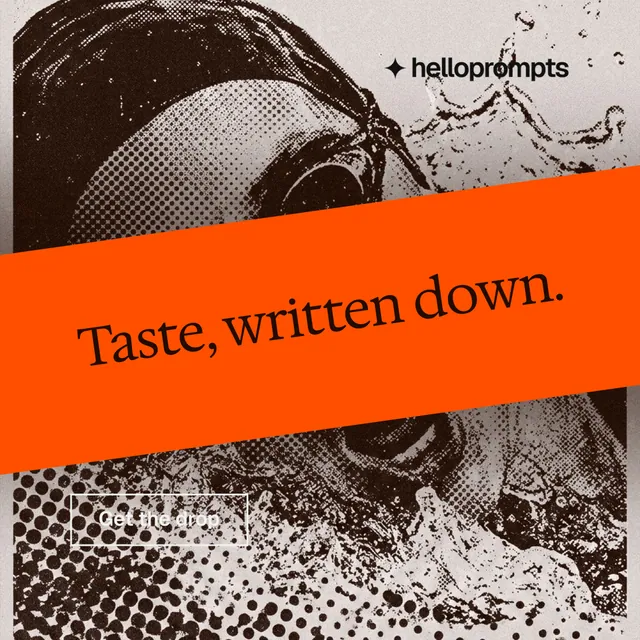 Instagram post for HelloPrompts: "Taste, written down." Editorial style, diagonal layout, light palette in orange, grey.