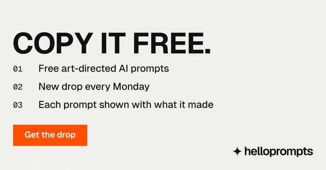 Social ad for HelloPrompts: "Copy it free." Swiss style, numbered layout, light palette in white, orange.