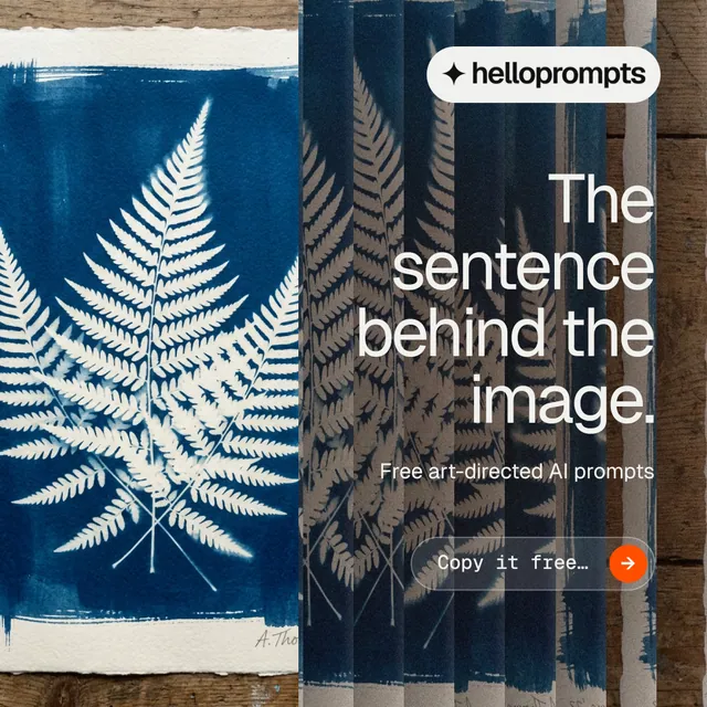 Instagram post for HelloPrompts: "The sentence behind the image." Agentic glass style, right layout, dark palette in blue, black, grey.