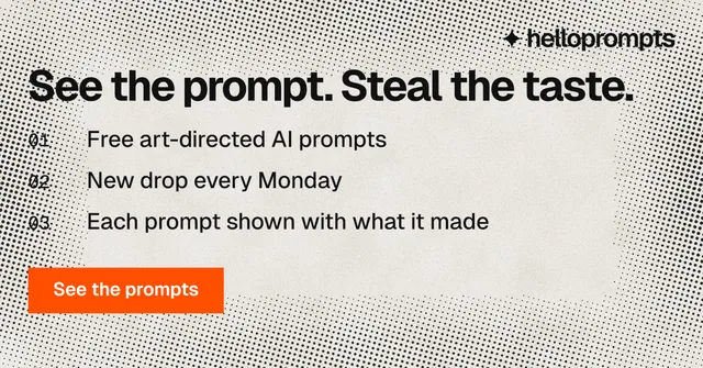 Social ad for HelloPrompts: "See the prompt. Steal the taste." Swiss style, numbered layout, light palette in grey, white, orange.