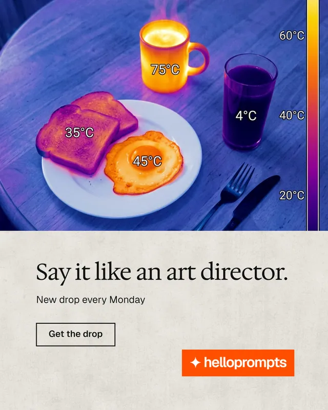 Instagram portrait post for HelloPrompts: "Say it like an art director." Editorial style, bottom layout, light palette in blue, purple, yellow.