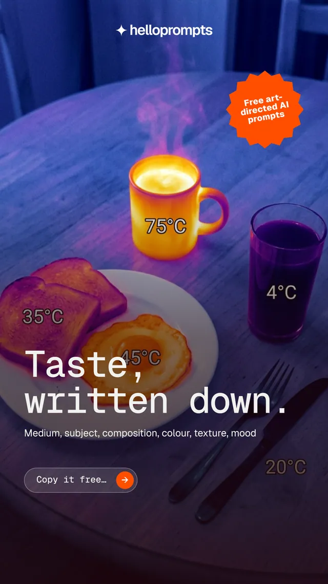 Instagram story for HelloPrompts: "Taste, written down." Agentic glass style, sticker layout, dark palette in purple, grey, blue.