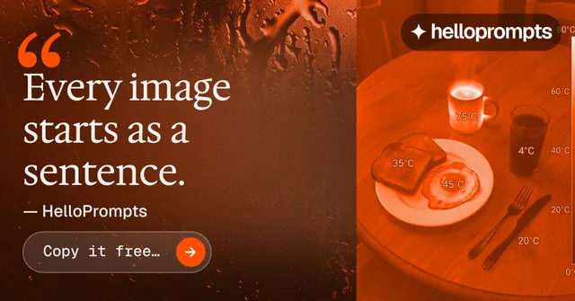 Social ad for HelloPrompts: "Copy it free." Agentic glass style, quote layout, dark palette in orange, brown.