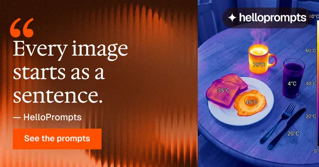 Social ad for HelloPrompts: "Say it like an art director." Swiss style, quote layout, dark palette in orange, grey, pink.
