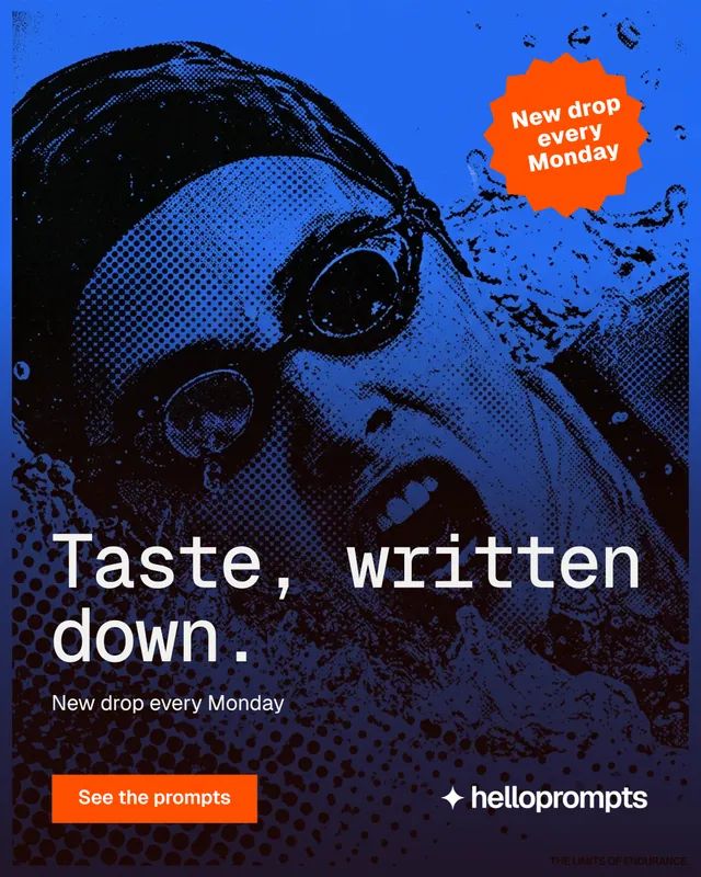 Instagram portrait post for HelloPrompts: "Taste, written down." Swiss style, sticker layout, dark palette in black, blue.