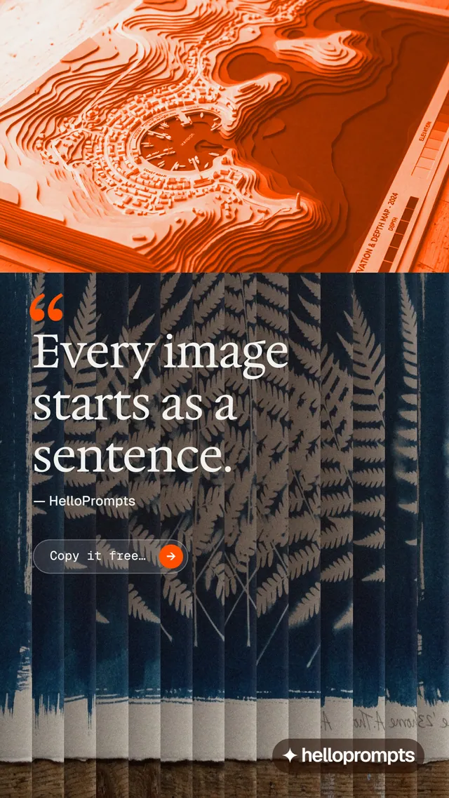 Instagram story for HelloPrompts: "Say it like an art director." Agentic glass style, quote layout, dark palette in blue, orange, brown.