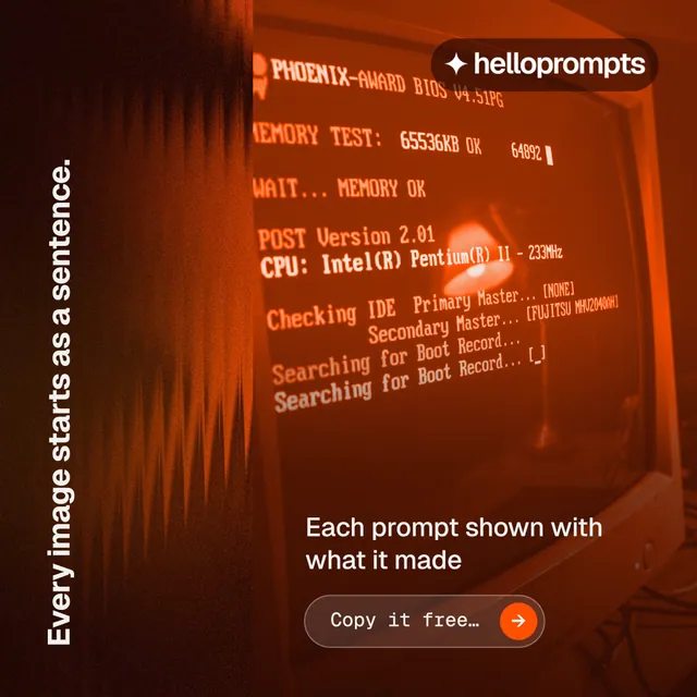 Instagram post for HelloPrompts: "Every image starts as a sentence." Agentic glass style, vertical layout, dark palette in orange, black.