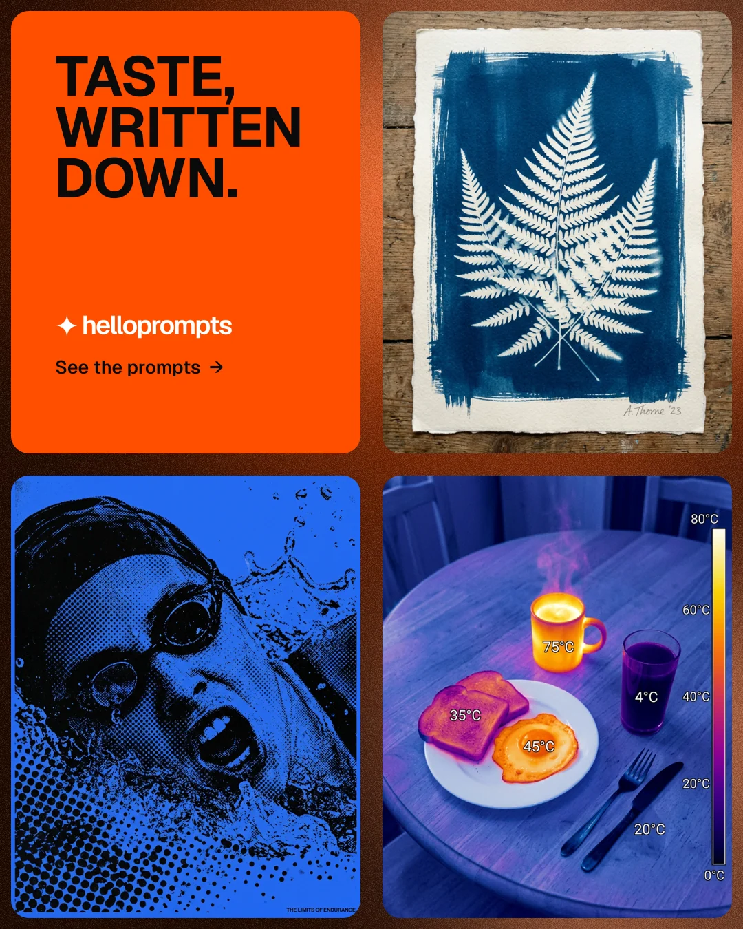 Instagram portrait post for HelloPrompts: "Taste, written down." Agentic glass style, collage layout, dark palette in blue, red, grey.