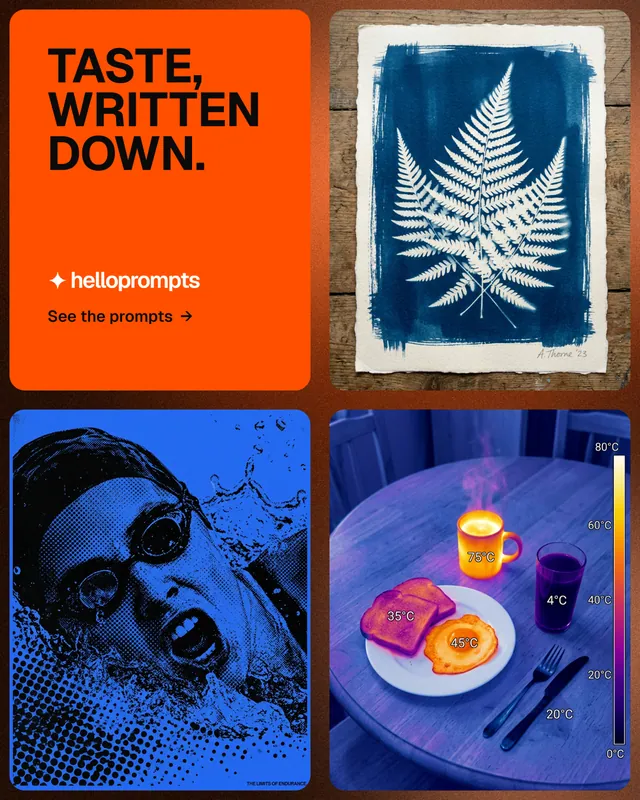 Instagram portrait post for HelloPrompts: "Taste, written down." Agentic glass style, collage layout, dark palette in blue, red, grey.