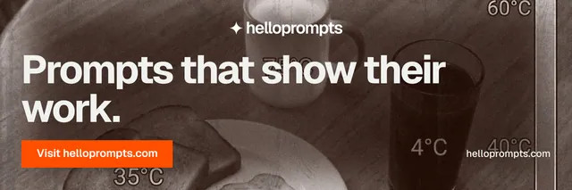 X header for HelloPrompts: "Prompts that show their work." Swiss style, poster layout, dark palette in orange, grey.