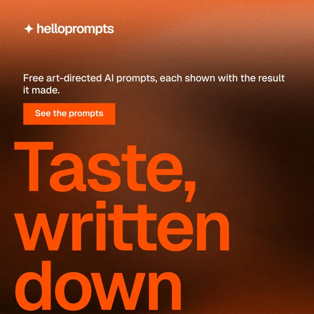 Instagram post for HelloPrompts: "The sentence behind the image." Swiss style, oversized layout, dark palette in orange, black, brown.